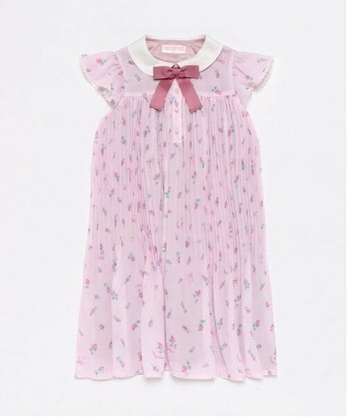 mezzo piano / メゾピアノ ミニ丈・ひざ丈ワンピース | ローズつぼみ柄　衿付プリーツワンピース（ピンク）