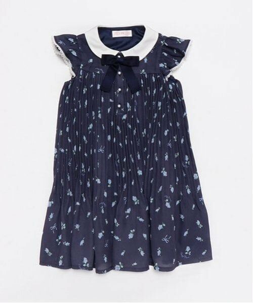 mezzo piano / メゾピアノ ミニ丈・ひざ丈ワンピース | ローズつぼみ柄　衿付プリーツワンピース（紺）