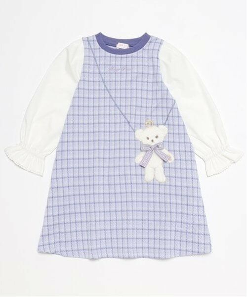 mezzo piano / メゾピアノ ミニ丈・ひざ丈ワンピース | くまポシェット　カットジャガードチェックワンピース（サックス）