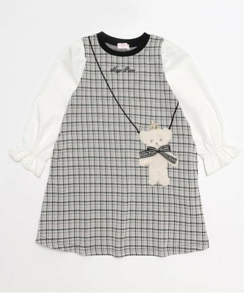 mezzo piano / メゾピアノ ミニ丈・ひざ丈ワンピース | くまポシェット　カットジャガードチェックワンピース（黒）