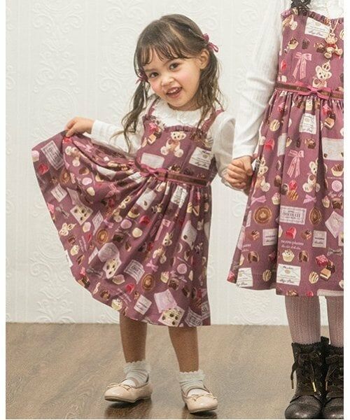 mezzo piano / メゾピアノ ミニ丈・ひざ丈ワンピース | ボンボンショコラ柄 ドッキングワンピース(エンジ)