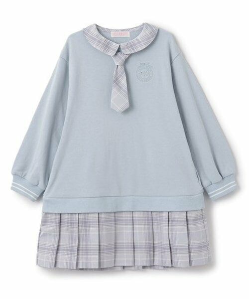 mezzo piano / メゾピアノ ミニ丈・ひざ丈ワンピース | ネクタイつきチェックプリーツ　ドッキングワンピース（サックス）