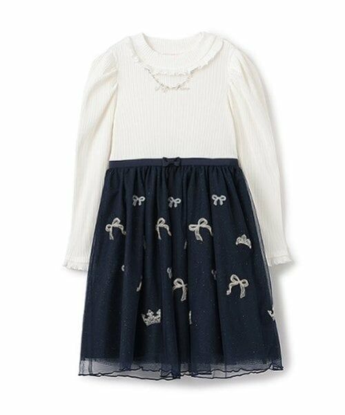 mezzo piano / メゾピアノ ミニ丈・ひざ丈ワンピース | チュール刺しゅう　ドッキングワンピース（オフ ホワイト）