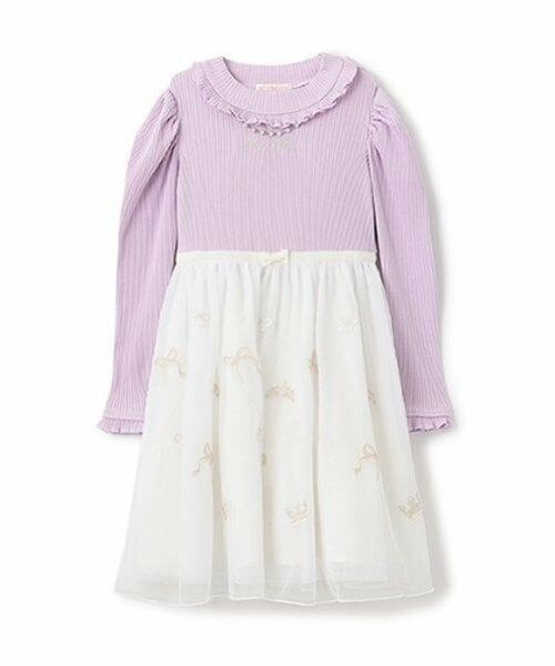 mezzo piano / メゾピアノ ミニ丈・ひざ丈ワンピース | チュール刺しゅう　ドッキングワンピース（ラベンダー）