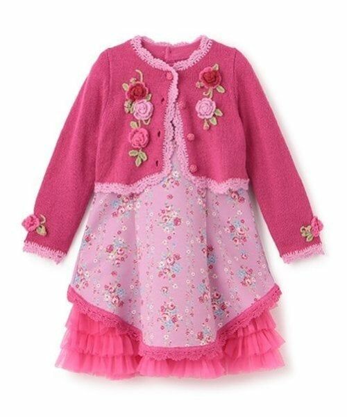 mezzo piano / メゾピアノ ミニ丈・ひざ丈ワンピース | 35th　バラ柄ドッキングワンピース＆ボレロセット（ピンク）