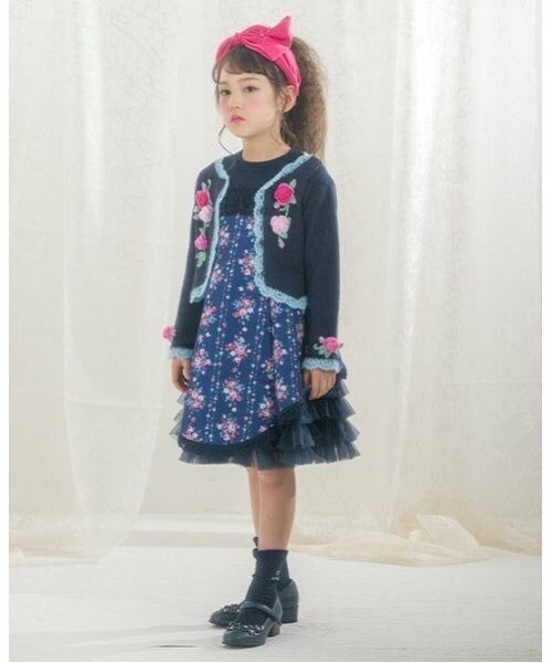 mezzo piano / メゾピアノ ミニ丈・ひざ丈ワンピース | 35th　バラ柄ドッキングワンピース＆ボレロセット（紺）