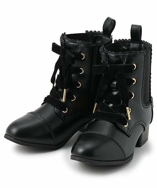 mezzo piano / メゾピアノ ブーツ(ショート丈) | レースアップリボン サイドゴアブーツ(黒)