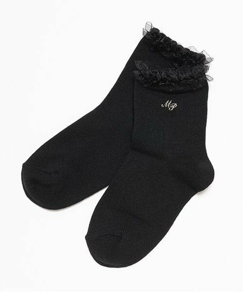 mezzo piano / メゾピアノ ソックス | フリル　ロゴ刺しゅうソックス（黒）