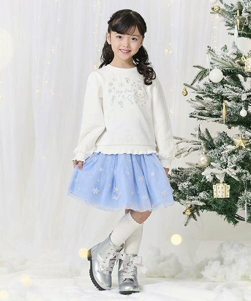 mezzo piano / メゾピアノ ミニ・ひざ丈スカート | スノー刺繍 チュールスカート(ライト ブルー)