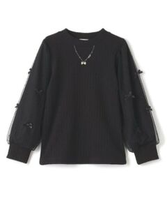 mezzo piano / メゾピアノ Tシャツ | ネックレス刺しゅう 袖チュール プチハイネック長袖Tシャツ