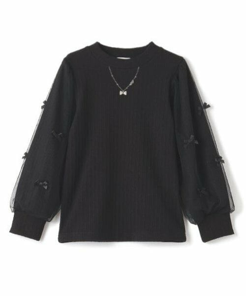 mezzo piano / メゾピアノ Tシャツ | ネックレス刺しゅう 袖チュール プチハイネック長袖Tシャツ（黒）