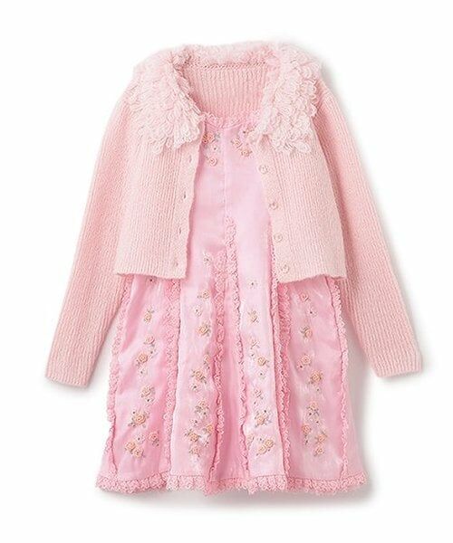 mezzo piano / メゾピアノ ミニ丈・ひざ丈ワンピース | ニットボレロ＆花刺繍ワンピース　セット（ピンク）