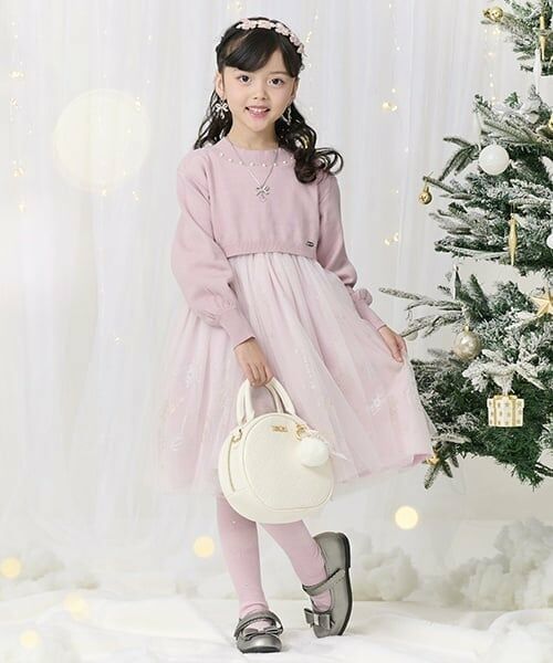 mezzo piano / メゾピアノ ミニ丈・ひざ丈ワンピース | オーナメントチュール　ドッキングワンピース（ライト ピンク）