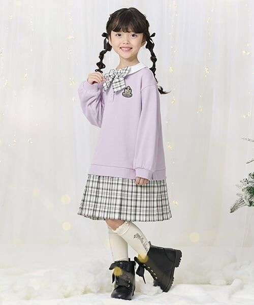 mezzo piano / メゾピアノ ミニ丈・ひざ丈ワンピース | チェックプリーツ　ドッキングワンピース（ラベンダー）