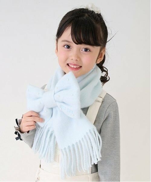mezzo piano / メゾピアノ マフラー・ショール・スヌード・ストール | リボンモチーフ　ニットマフラー（ライト ブルー）