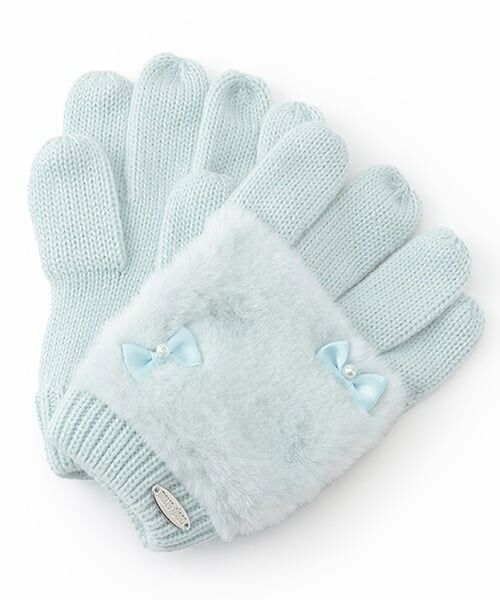 mezzo piano / メゾピアノ 手袋 | フェイクファーつき　ニット手袋（ライト ブルー）