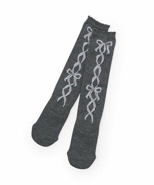 mezzo piano / メゾピアノ ソックス | レースアップリボン柄　ハイソックス（チャコール）