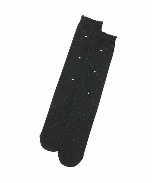 mezzo piano / メゾピアノ ソックス | ラインストーンつきダイヤ柄　ハイソックス（黒）