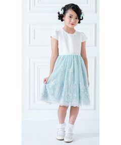 mezzo piano / メゾピアノ ドレス | ツィード×チュールレース刺繍　ドッキングワンピース