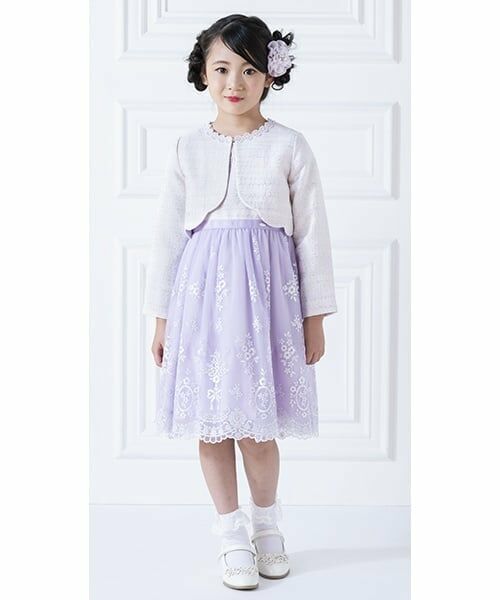 mezzo piano / メゾピアノ ドレス | ツィード×チュールレース刺繍　ドッキングワンピース（ラベンダー）