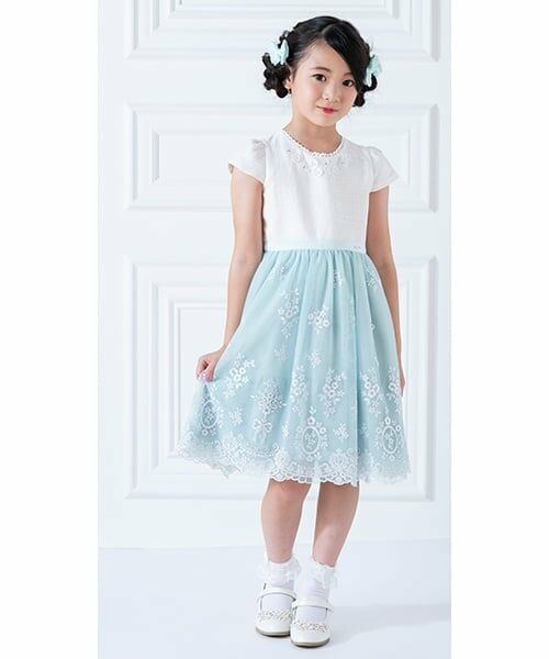 mezzo piano / メゾピアノ ドレス | ツィード×チュールレース刺繍　ドッキングワンピース（ミント）