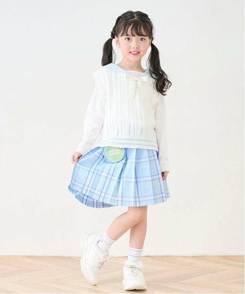 mezzo piano / メゾピアノ ショート・ハーフ・半端丈パンツ | ポーチ付　チェックプリーツスカパン（ブルー）