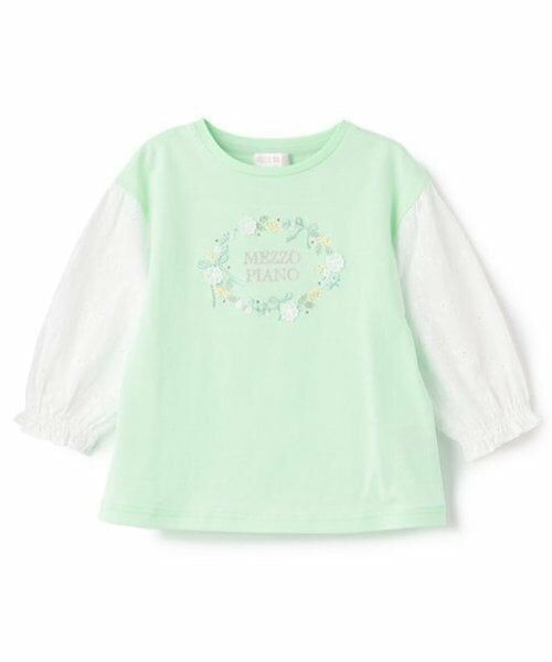 mezzo piano / メゾピアノ Tシャツ | フラワーリース　7分袖Tシャツ（ライト グリーン）