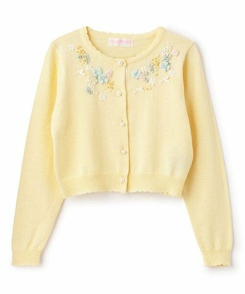 mezzo piano / メゾピアノ カーディガン・ボレロ | 花リボン刺繍　ニットカーディガン（レモン イエロー）