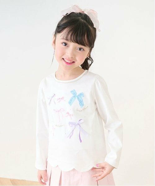 mezzo piano / メゾピアノ Tシャツ | リボンイッパイ裾スカラップ長袖Tシャツ(オフ ホワイト)