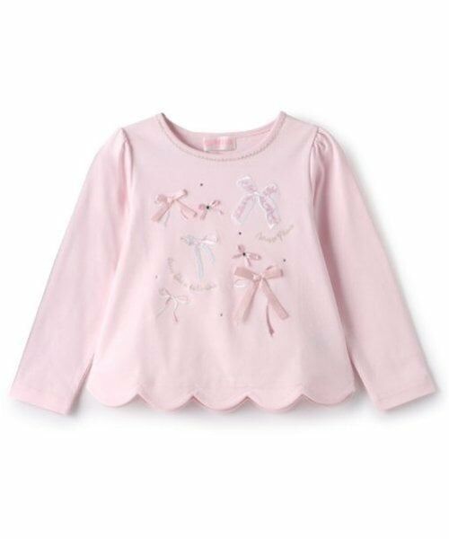 mezzo piano / メゾピアノ Tシャツ | リボンイッパイ裾スカラップ長袖Tシャツ(ピンク)