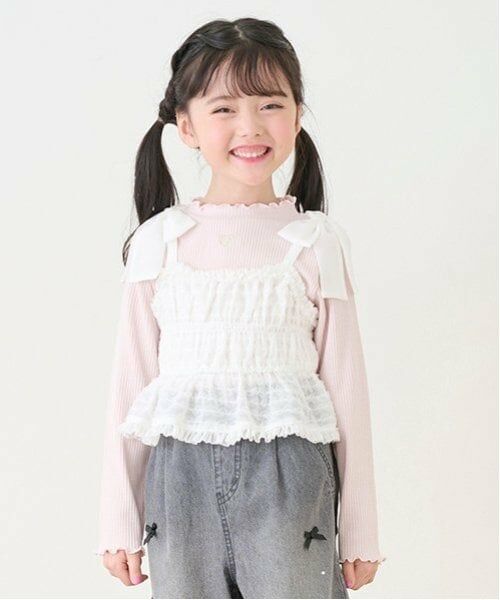 mezzo piano / メゾピアノ Tシャツ | 肩リボンキャミチュニック&長袖Tシャツセット(オフ ホワイト)