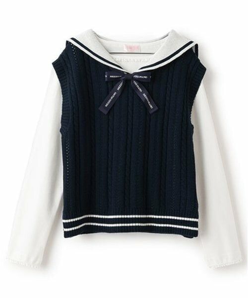 mezzo piano / メゾピアノ ニット・セーター | セーラーニットベスト＆長袖Tシャツセット（紺）