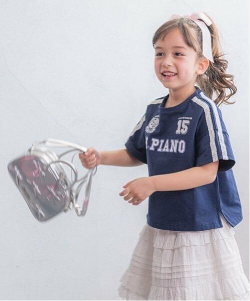 mezzo piano / メゾピアノ Tシャツ | レースロゴアップリケ　袖ラインTシャツ | 詳細2