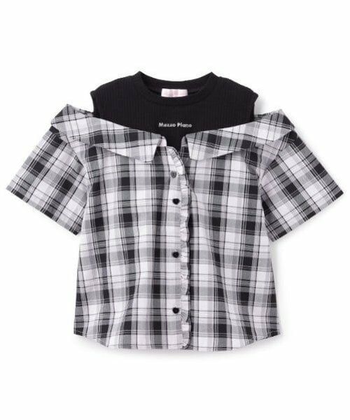 mezzo piano / メゾピアノ シャツ・ブラウス | ドッキング　チェックシャツ（ピンク）