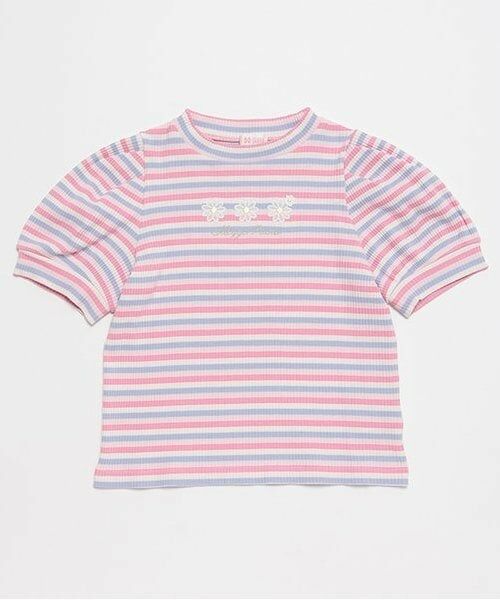 mezzo piano / メゾピアノ Tシャツ | 6031209R　マルチボーダー　パフスリーブTシャツ（ピンク）