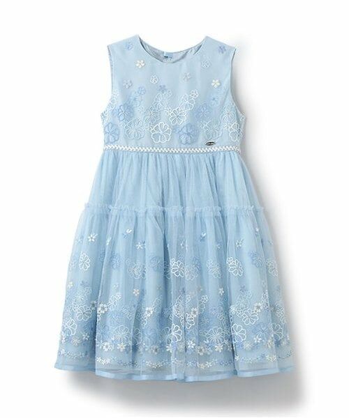 mezzo piano / メゾピアノ ミニ丈・ひざ丈ワンピース | 花刺しゅうチュールドレス（サックス）