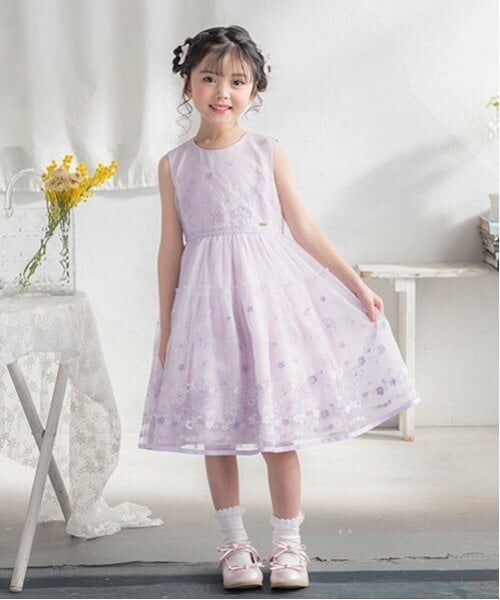 mezzo piano / メゾピアノ ミニ丈・ひざ丈ワンピース | 花刺しゅうチュールドレス（ライラック）