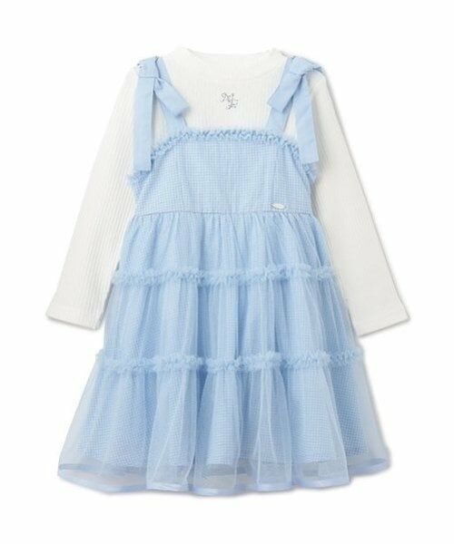 mezzo piano / メゾピアノ ミニ丈・ひざ丈ワンピース | ギンガムティアードチュールワンピース＆長袖Tシャツセット（サックス）