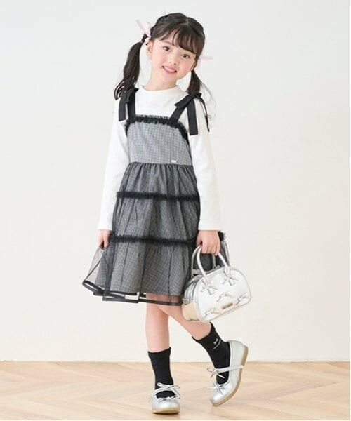 mezzo piano / メゾピアノ ミニ丈・ひざ丈ワンピース | ギンガムティアードチュールワンピース＆長袖Tシャツセット（黒）