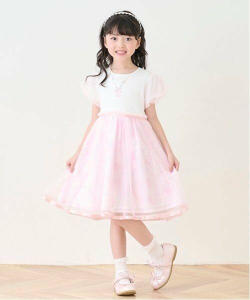 mezzo piano / メゾピアノ ミニ丈・ひざ丈ワンピース | フローラルバレエ柄　ドッキングワンピース（ライト ピンク）