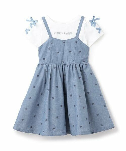 mezzo piano / メゾピアノ ミニ丈・ひざ丈ワンピース | 肩開きTシャツ＆キャミワンピースセット（サックス）