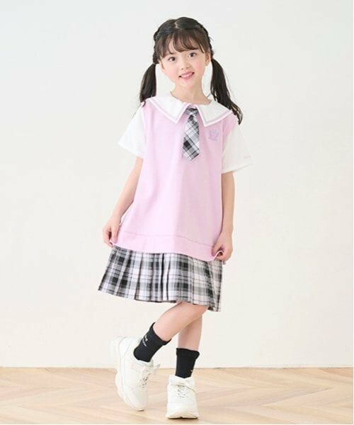 mezzo piano / メゾピアノ ミニ丈・ひざ丈ワンピース | セーラーカラー　チェックプリーツ　ドッキングワンピース（ピンク）