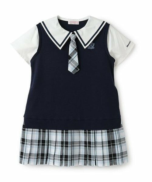 mezzo piano / メゾピアノ ミニ丈・ひざ丈ワンピース | セーラーカラー　チェックプリーツ　ドッキングワンピース（紺）