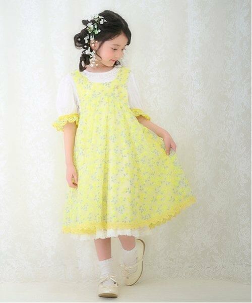 mezzo piano / メゾピアノ ミニ丈・ひざ丈ワンピース | ミモザレースジャンパースカート＆ワンピースセット（黄）