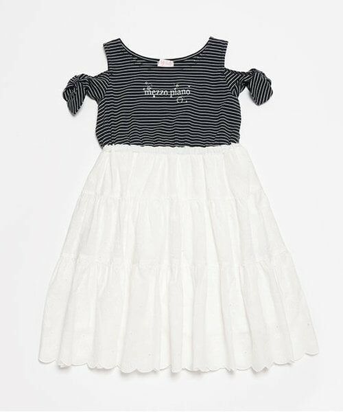 mezzo piano / メゾピアノ ミニ丈・ひざ丈ワンピース | ★シェル柄レース　ドッキングワンピース（紺）