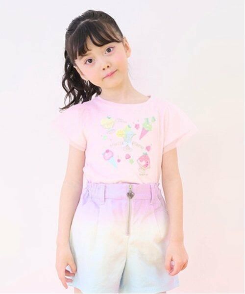 mezzo piano / メゾピアノ Tシャツ | フルーツシャーベットアップリケ　半袖Tシャツ（ピンク）