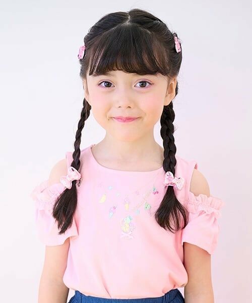 mezzo piano / メゾピアノ Tシャツ | ネックレス刺しゅう　肩開き2way半袖Tシャツ（ピーチ）