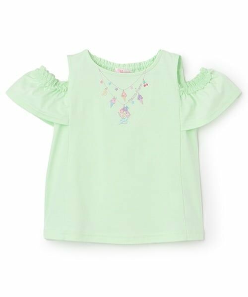 mezzo piano / メゾピアノ Tシャツ | ネックレス刺しゅう　肩開き2way半袖Tシャツ（ライト グリーン）