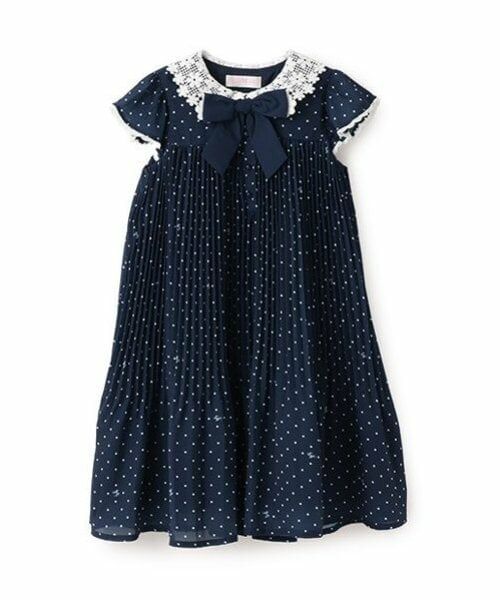 mezzo piano / メゾピアノ ミニ丈・ひざ丈ワンピース | レース衿　ドットプリーツワンピース（紺）