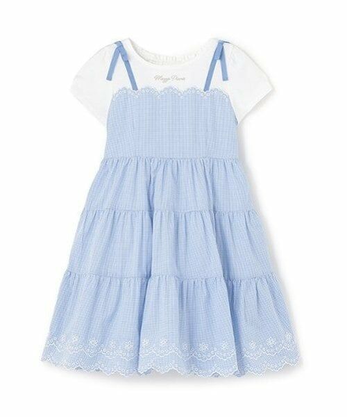 mezzo piano / メゾピアノ ミニ丈・ひざ丈ワンピース | カットワークギンガム　ドッキングワンピース（サックス）